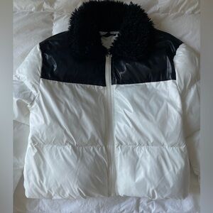 Two Tone Teddy Panel Zip Up Crop Puffer Coat Black White Winter Jacket Short